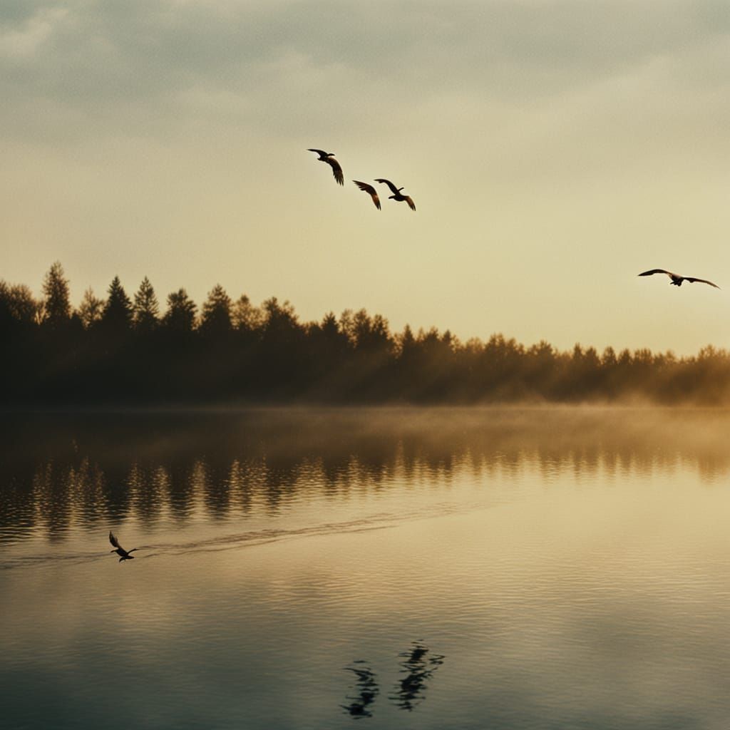 Hawks Flying Over Lake: Golden Hour Cinematic Still