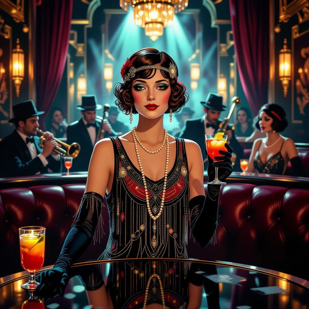 Flapper Girl in 1920s Speakeasy, Matte Painting