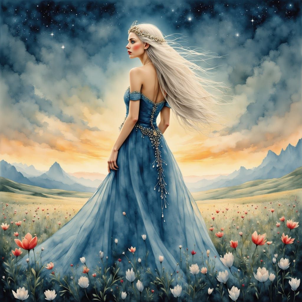 Elven Queen with Starlight Crown in Art Nouveau Style