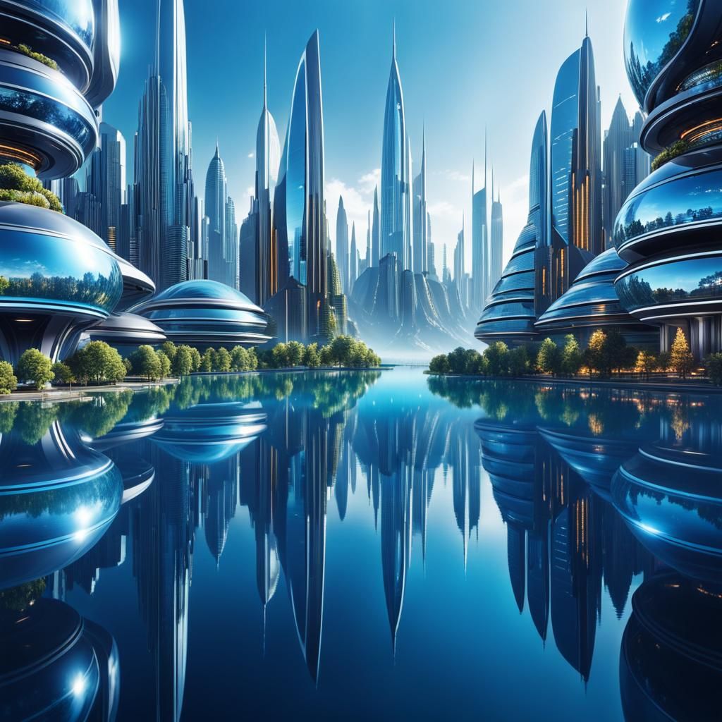Futuristic Cityscape Reflection in Photorealistic Style