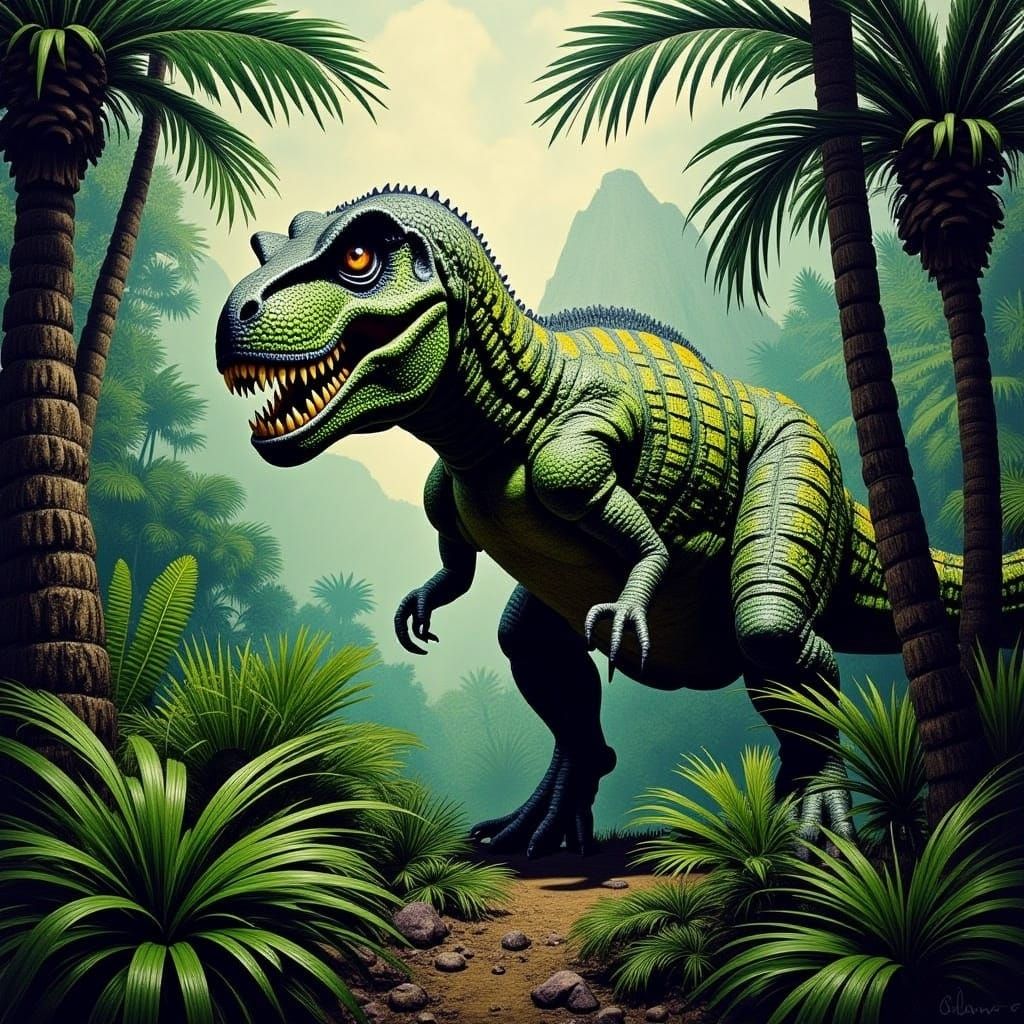Mossy T.Rex Dominates a Prehistoric Jungle Landscape