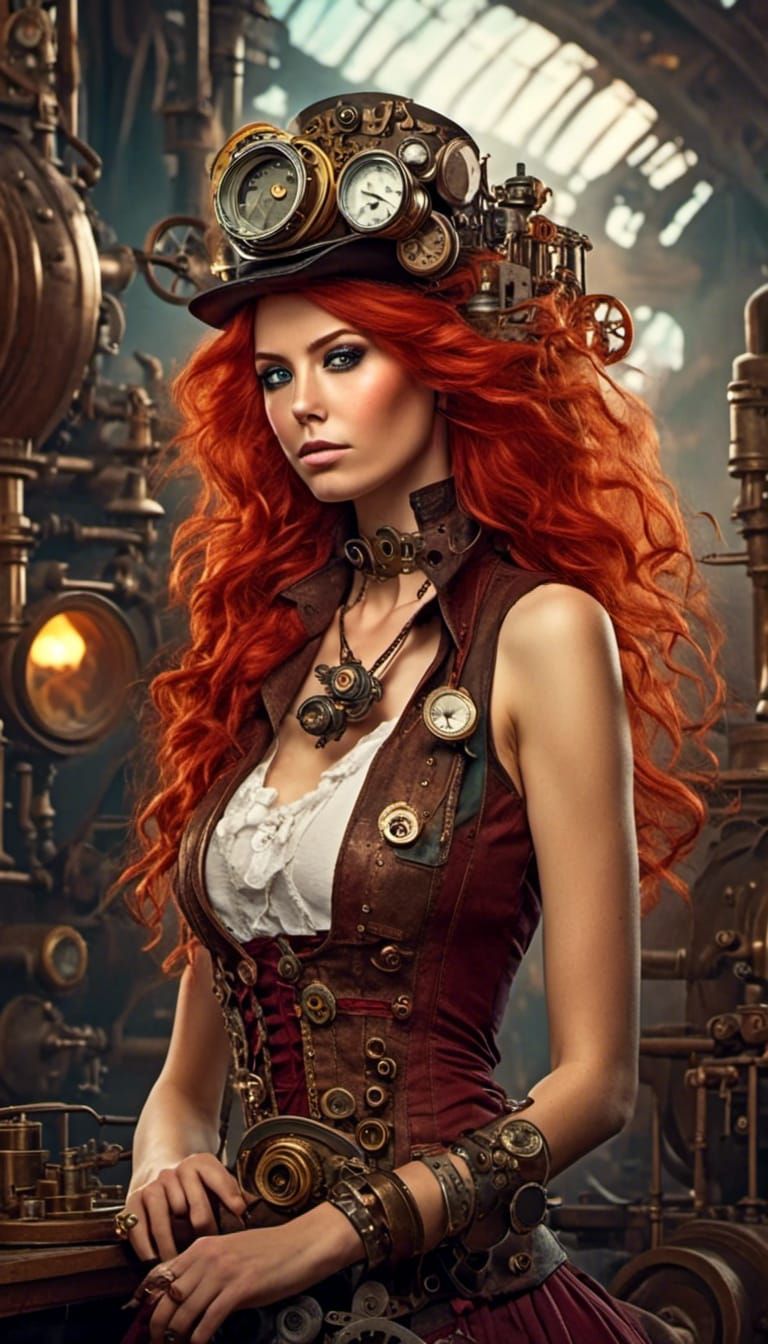 Steampunk Woman with Fiery Hair and Goggles