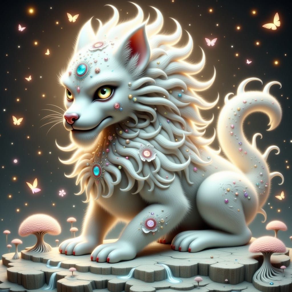 Majestic White Monster ShiShi in Whimsical Japanese Landscap...