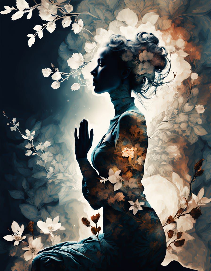 Surreal Portrait in Double Exposure Style with Floral Motifs