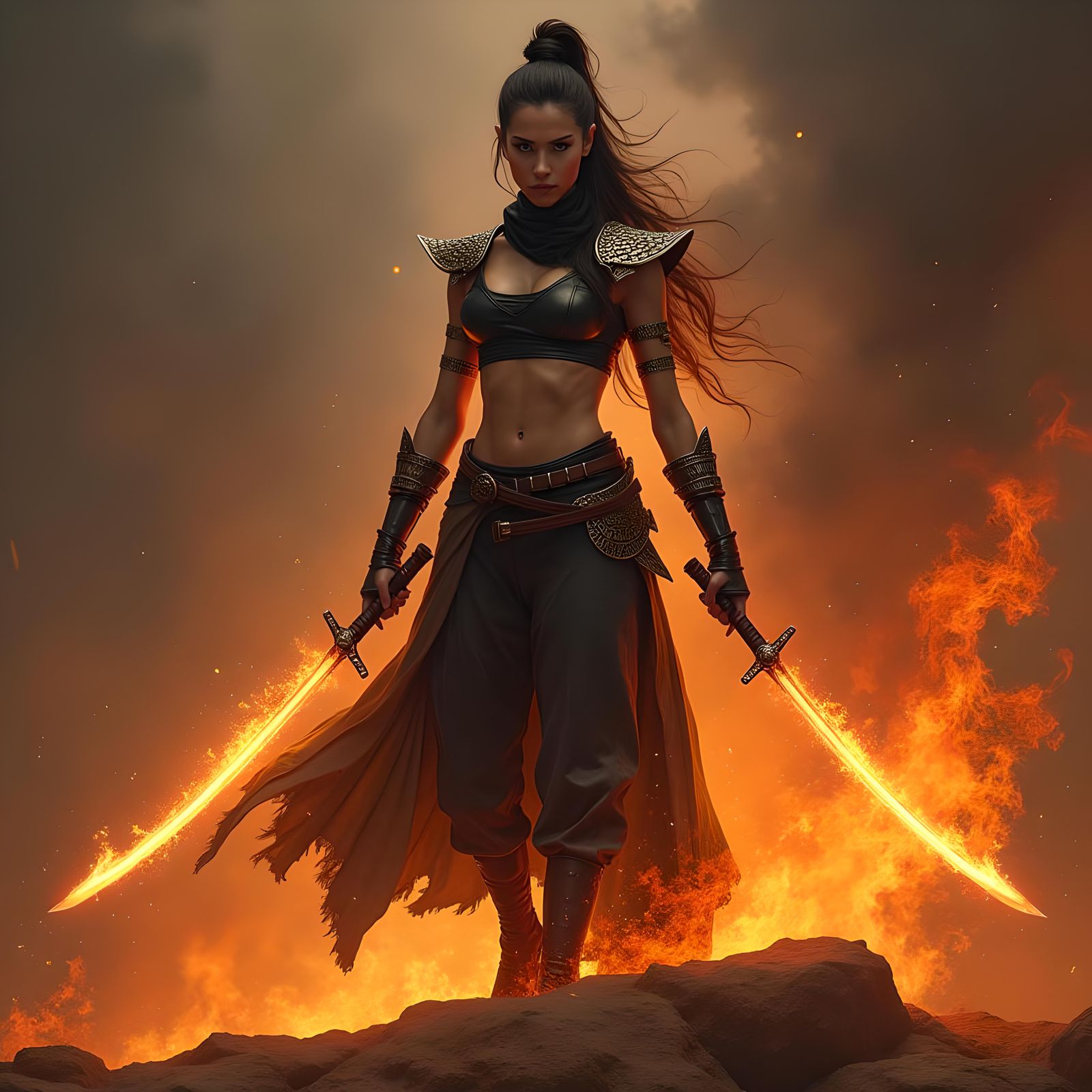 Female Warrior with Katanas in Fiery Art