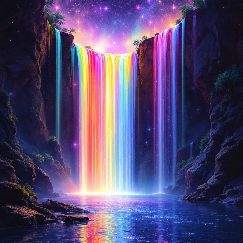 Rainbow Waterfall: Holographic Astral Illustration