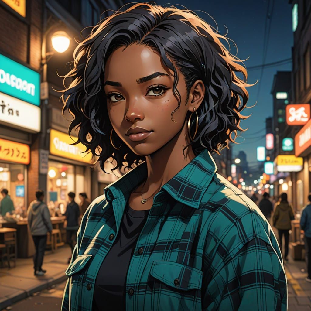 Sultry African American College Girl in Vibrant Manga Style