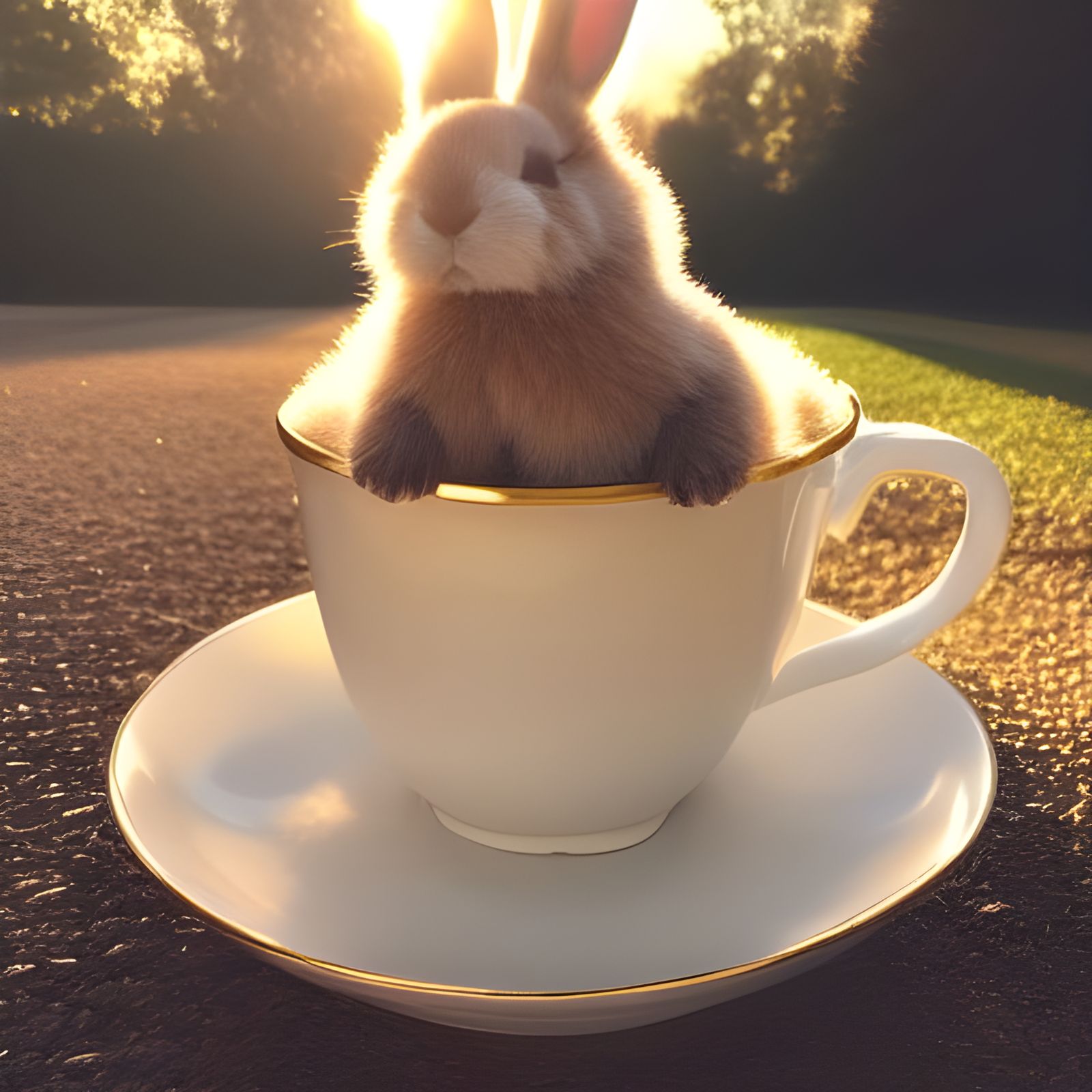 Fluffy Bunny in Teacup Bathed in Golden Light