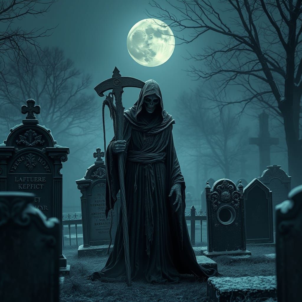 Grim Reaper in Haunted Cemetery, Gothic Horror Style