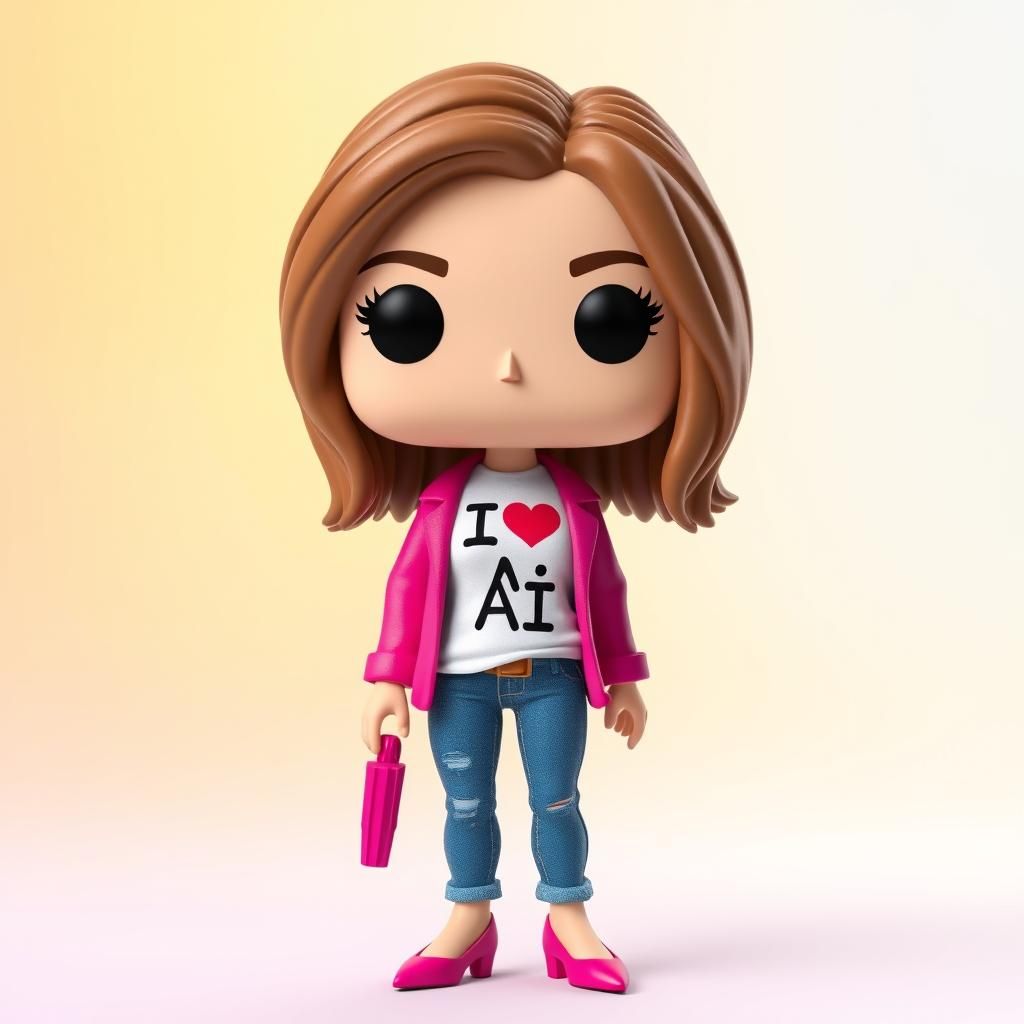 A funko girl with shoulder length light brown hair, wearing ...
