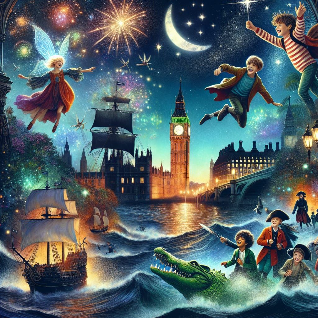 Dreamlike Collage of Peter Pan's London Adventure