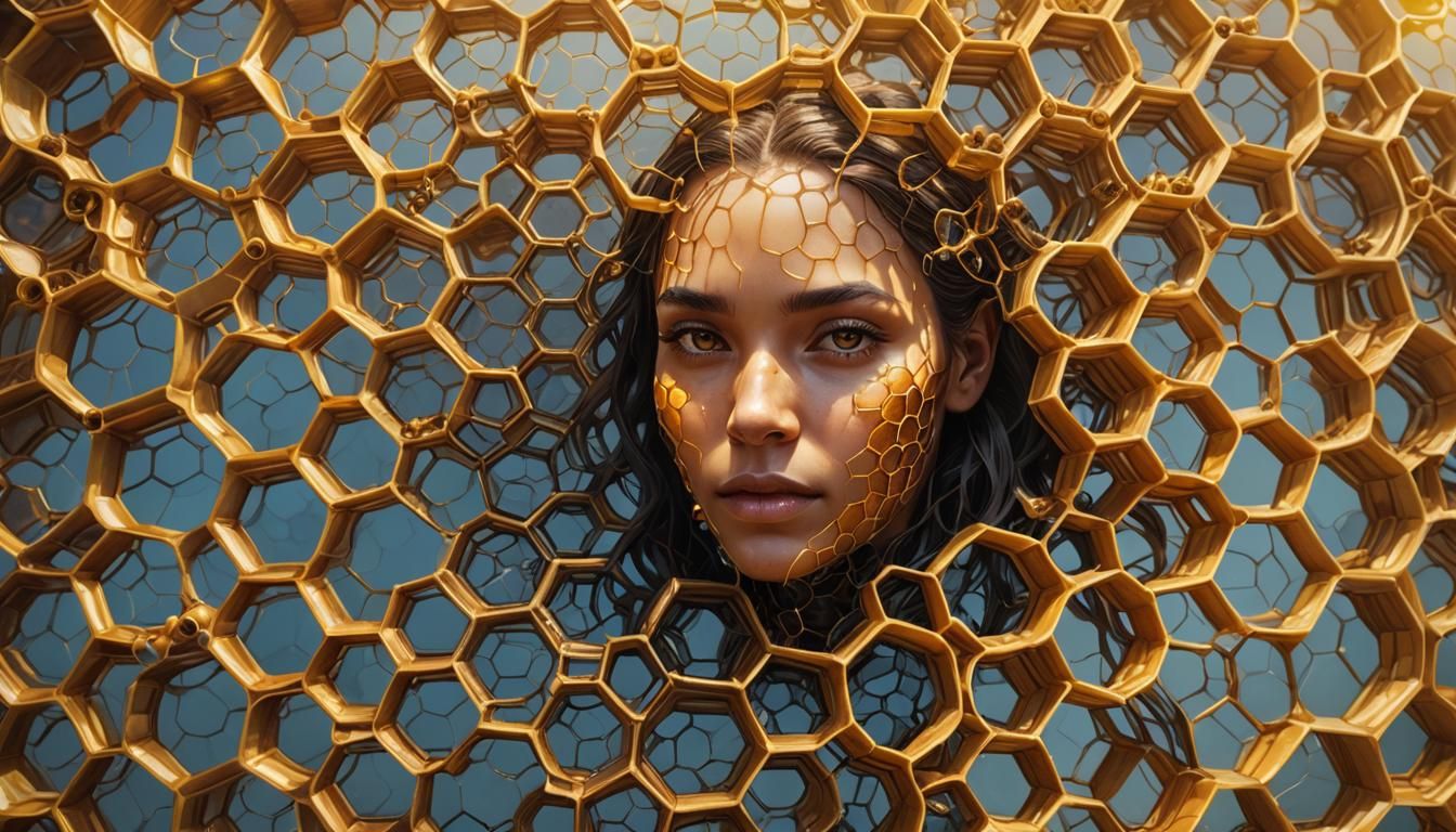 Honeycomb Hive in Golden Light: Hyper-Realistic Close-Up