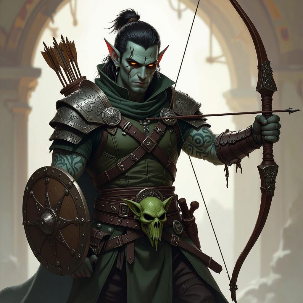 Eladrin Warlock with Goblin Tattoo in High-Fantasy Art Style