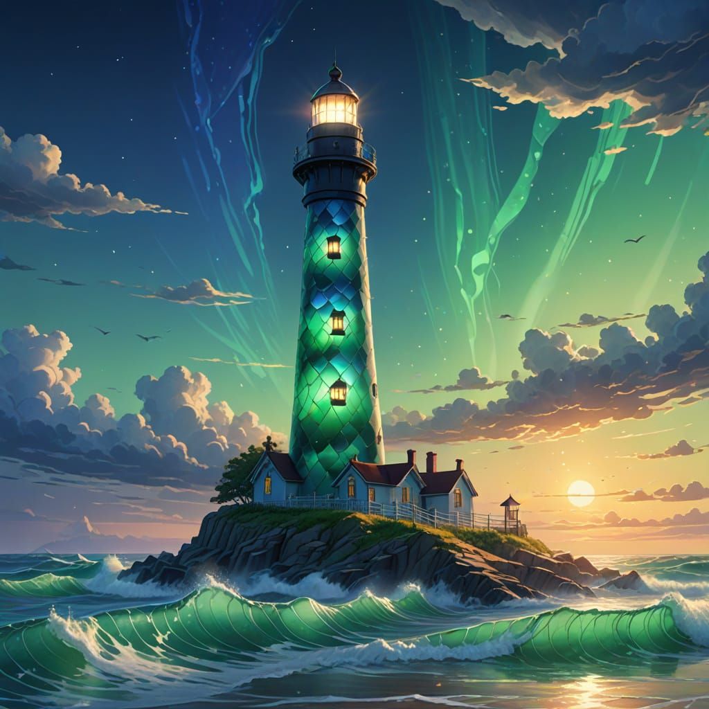 Ethereal Sea Glass Lighthouse Glowing with Iridescent Light