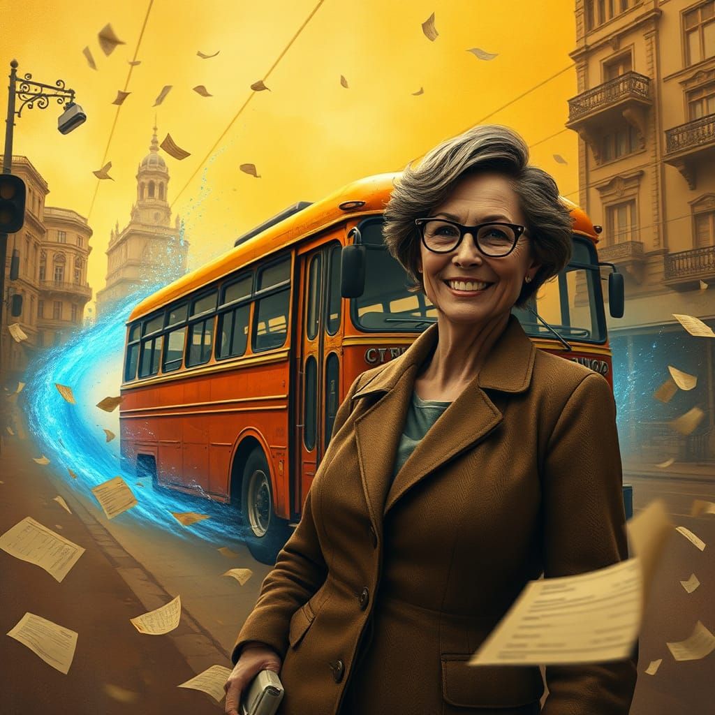 Vintage Bus Leaving Accountant in Dreamlike Cityscape