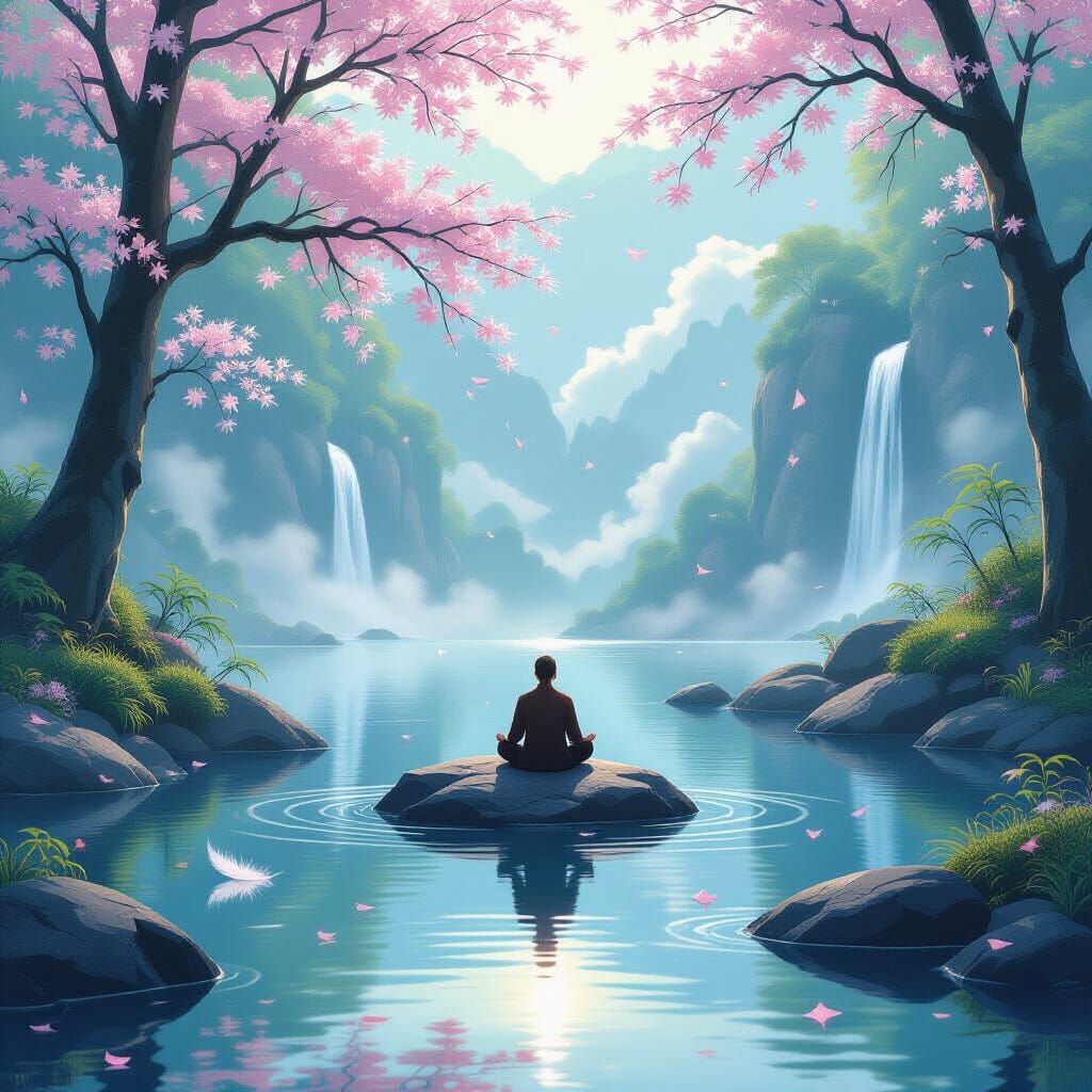 Serene Forest Scene with Meditating Silhouette and Ethereal ...