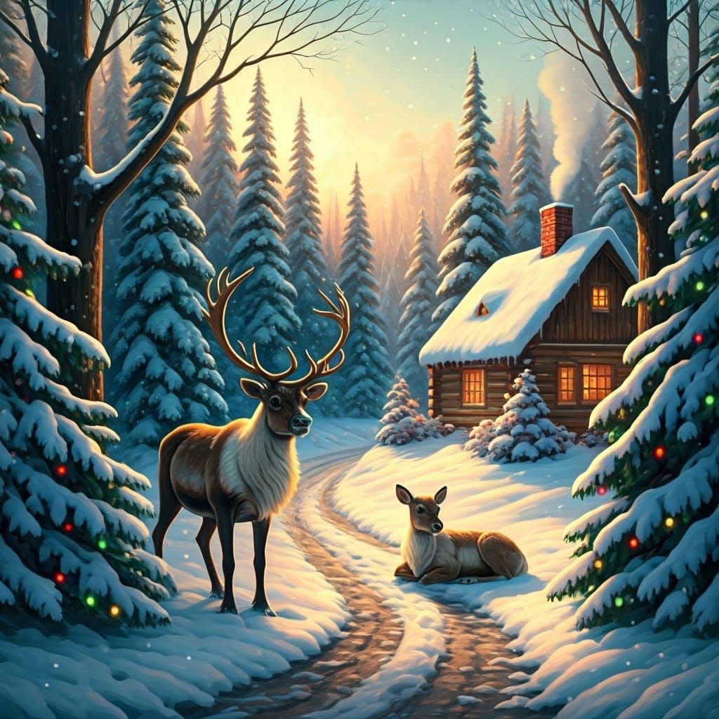 Winter Wonderland Forest with Majestic Deer and Cozy Cabin