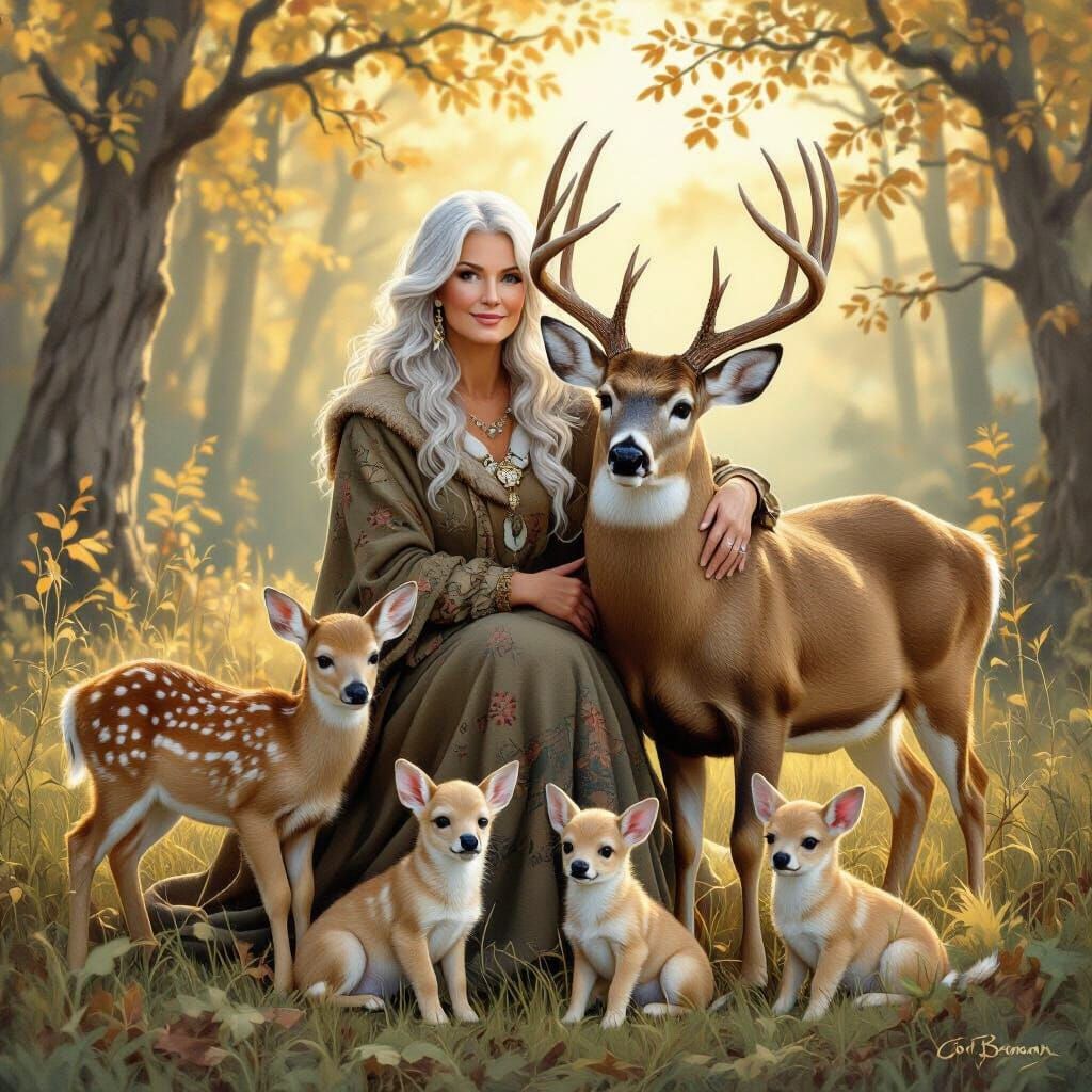 Silver-Haired Woman With Majestic Buck And Woodland Creature...