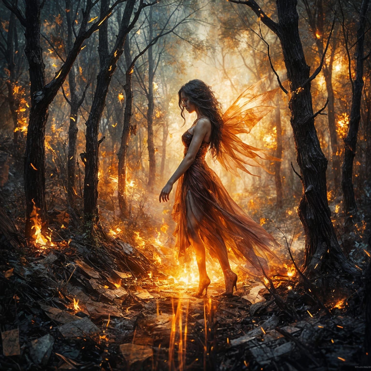 Ember Fairy Dances in Charred Forest: Oil Painting