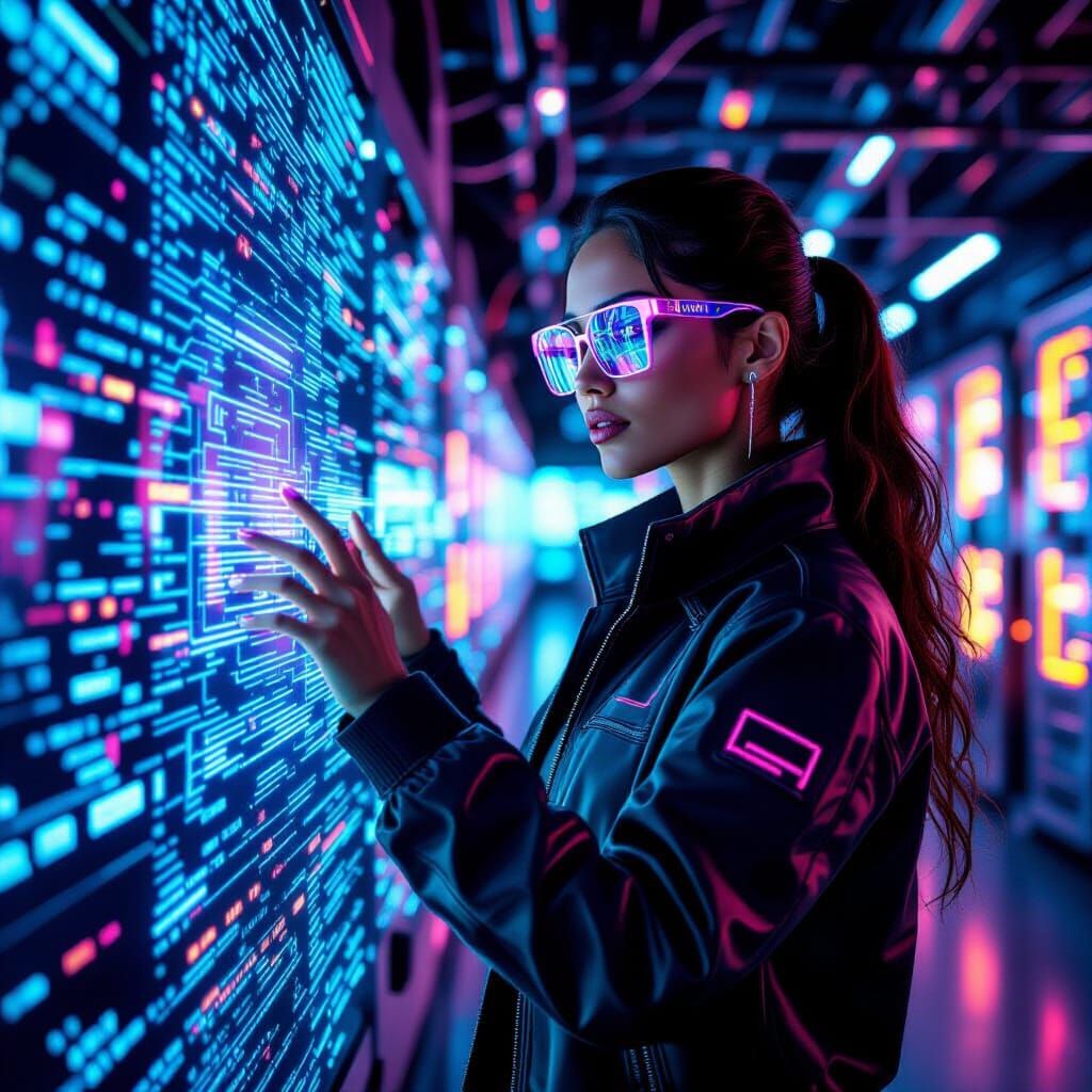 Latina Coder in Futuristic Server Room