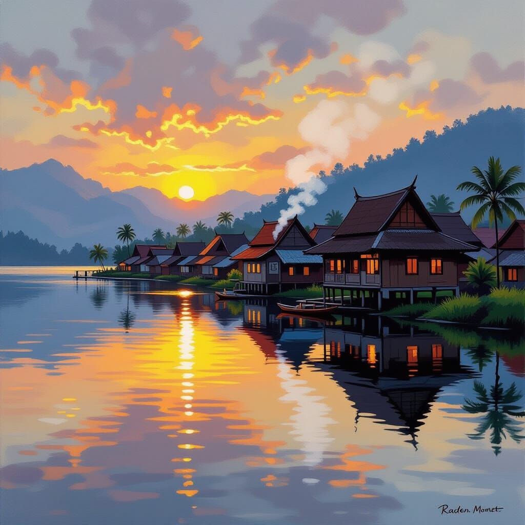 Twilight Village on Lake Toba: An Impressionistic Scene