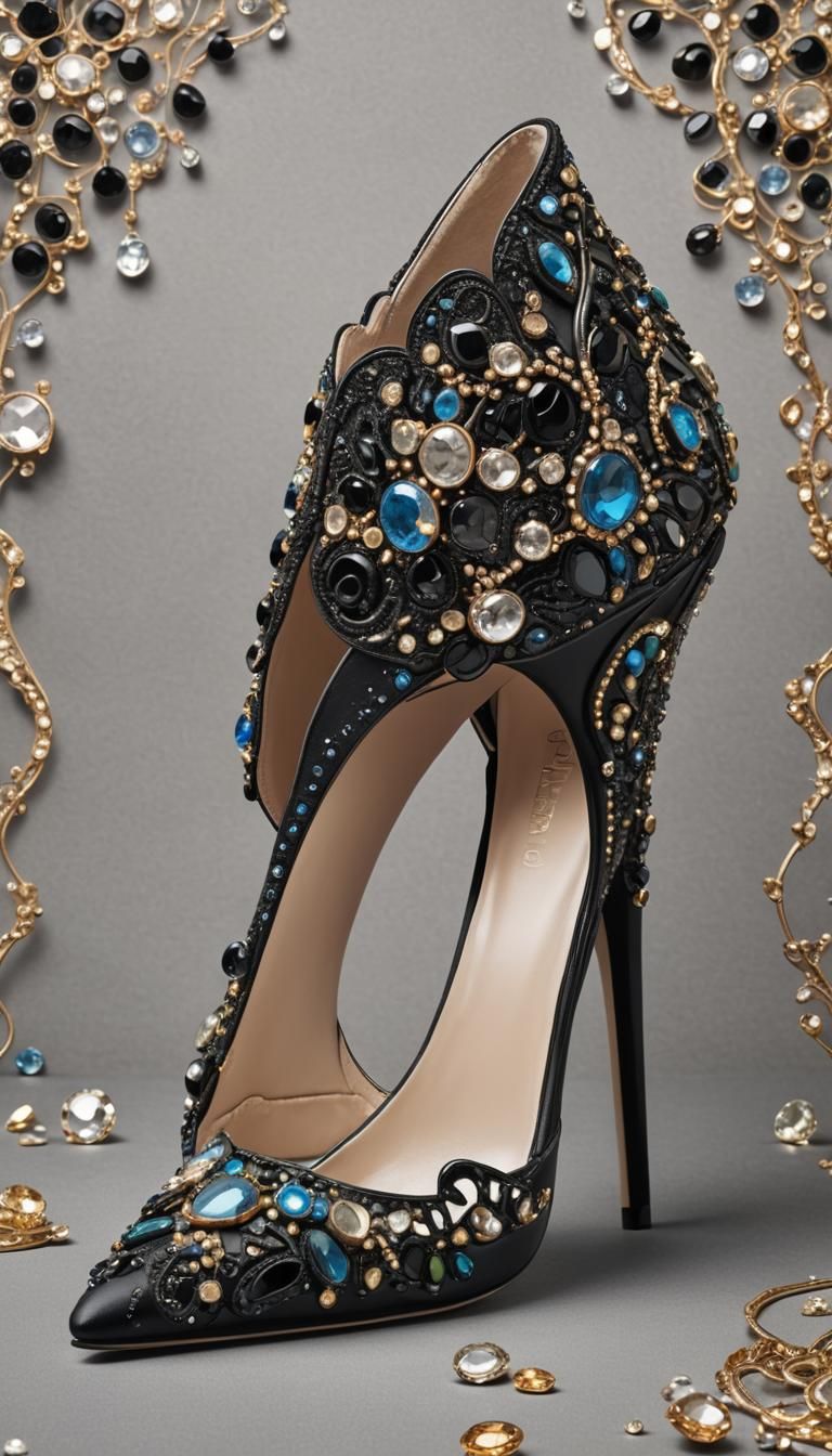 Gemstone Embellished Black High Heel in Hyperrealistic Style