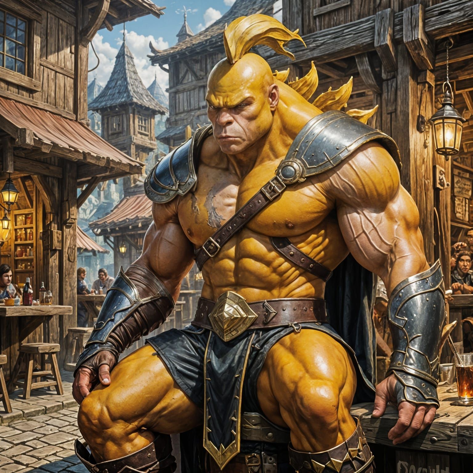 Muscular Banana Warrior in Tavern Fight, Digital Portrait