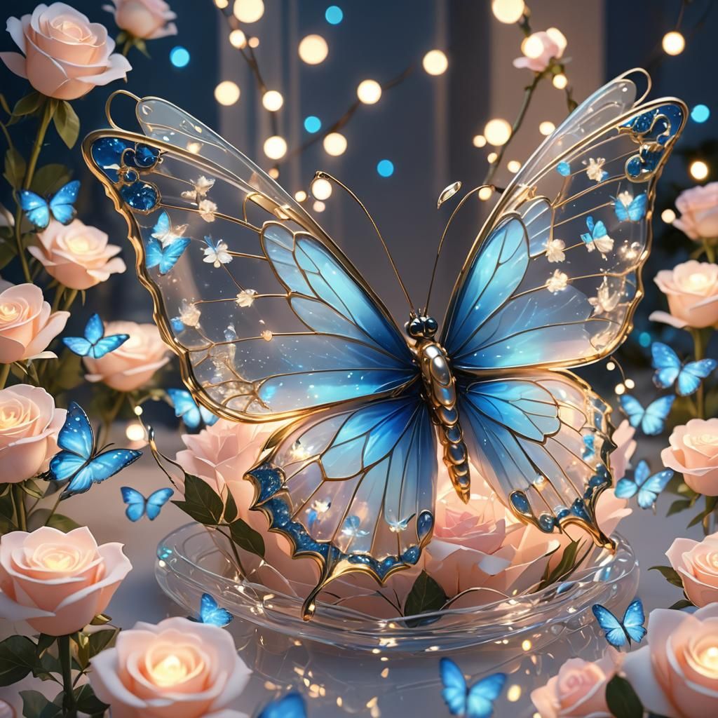 Bioluminescent Butterfly on Roses: 3D Anime Art