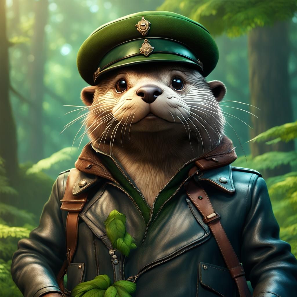 Otter Ready for School in Lush Forest, Detailed Matte Painti...