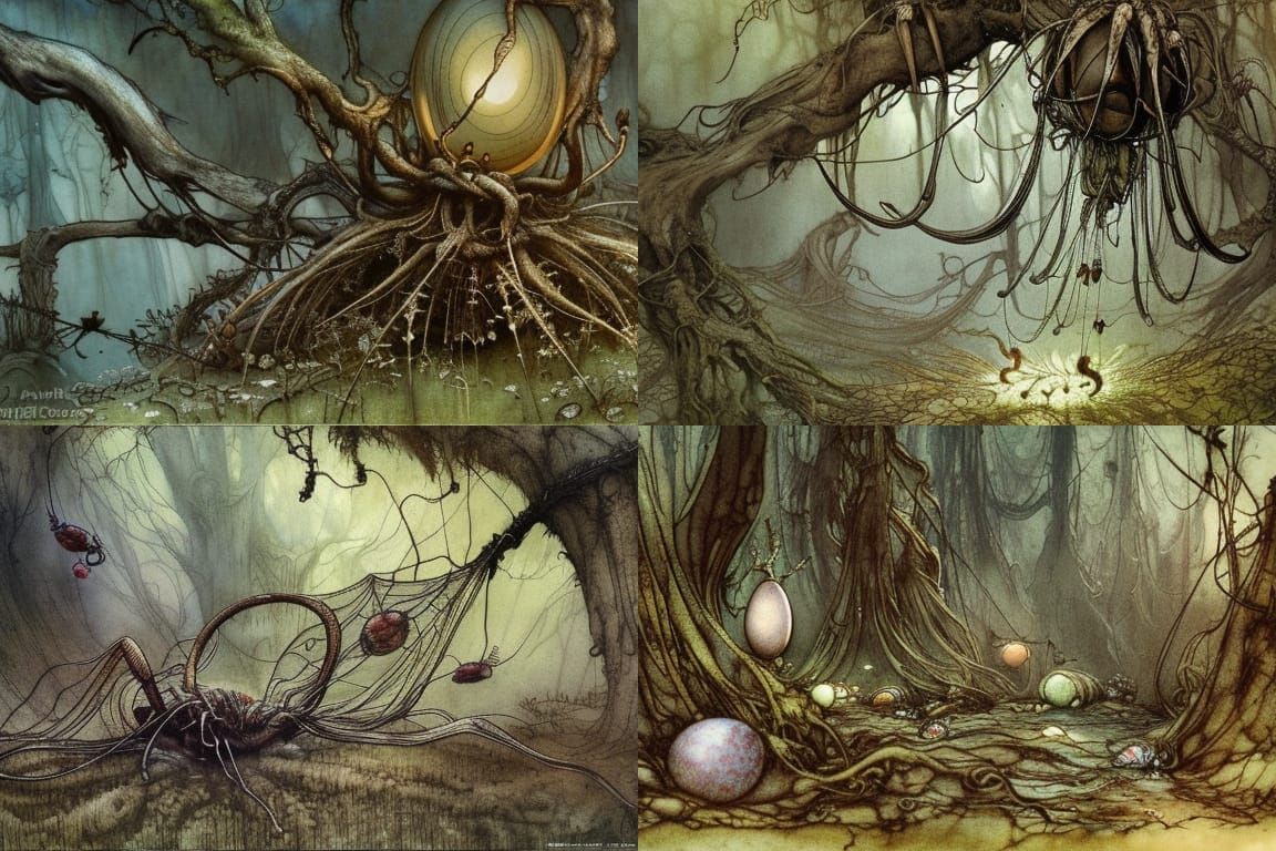 Fairy-Lamp-Spider with Egg Sacs in Forest, Aquarel Style