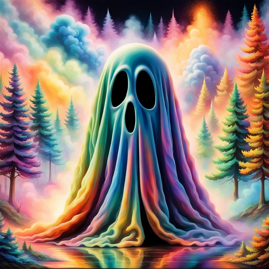 Colorful Sheet Ghost in Glittery Forest: Airbrush Art
