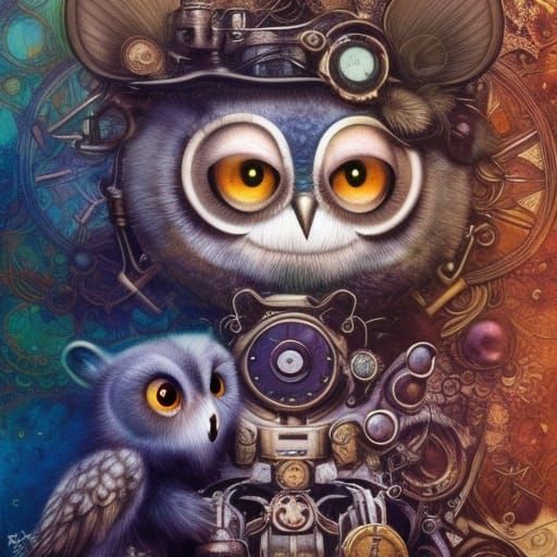 Steampunk Owl Bear Cub Portrait in Fantasy Forest