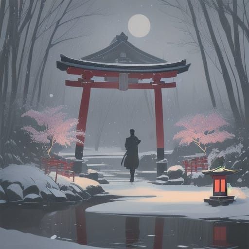 Ethereal Samurai Strolls Serene Japanese Garden in Tradition...