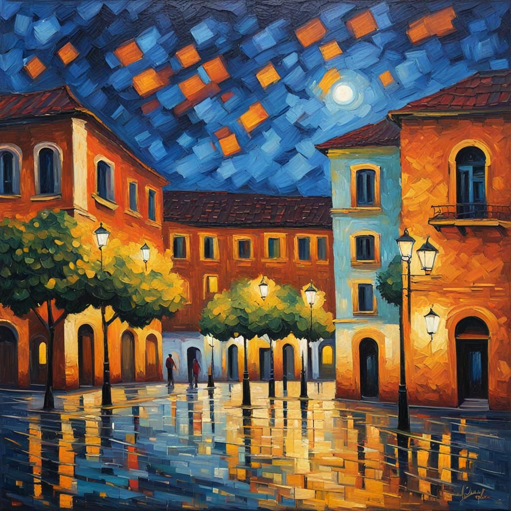 Night Plaza in Expressionist Impasto Style
