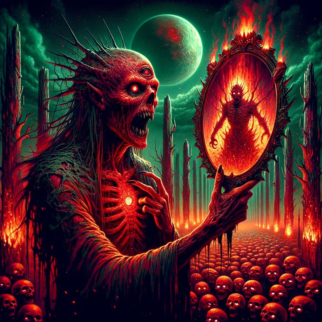 Demonic Figure Holding Mirror to a Hellscape