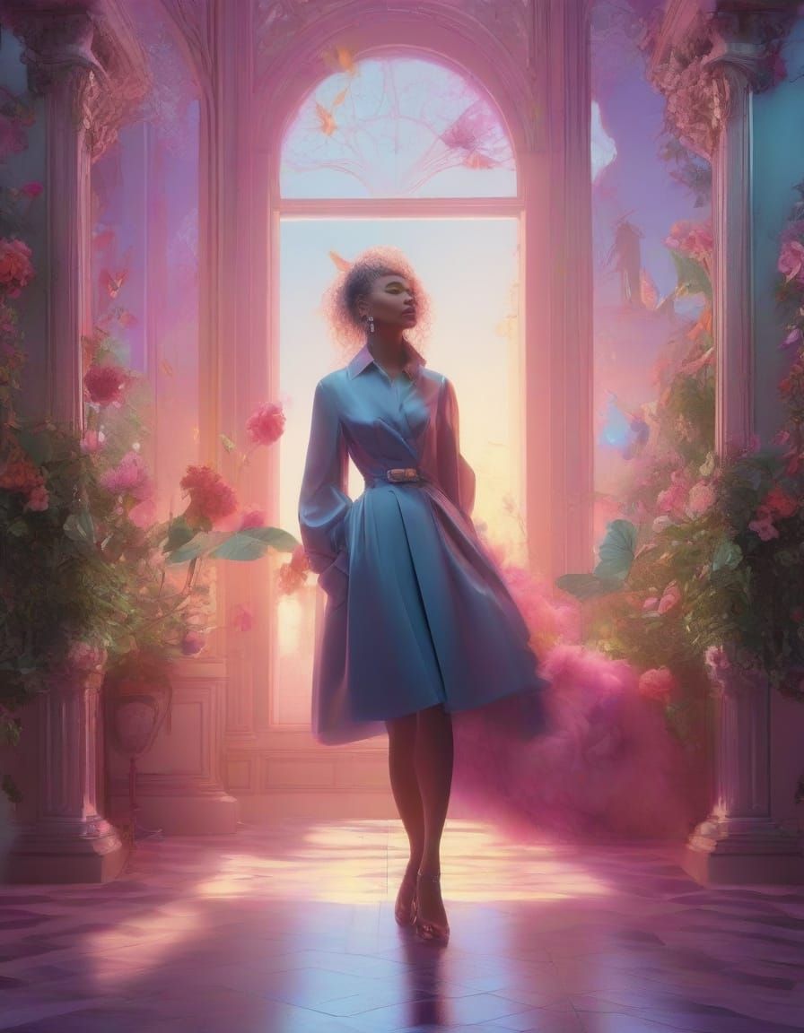 Androgynous Figure Prepares Hair in Magical Room with Pink S...