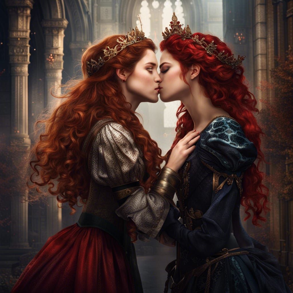 Fantasy Art: Medieval Princesses Kissing, Detailed Painting
