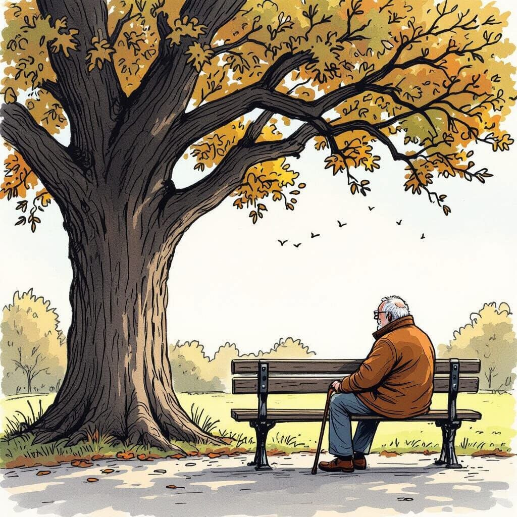 Elderly Man on Park Bench Under Oak Tree in Doodle Style