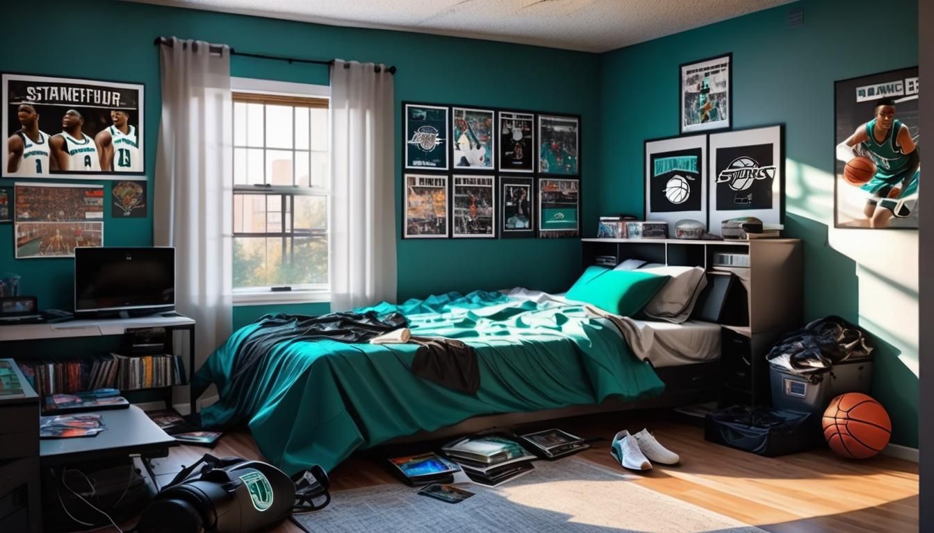 Teen's Room: Unmade Bed, Sports Posters, Gaming Zone