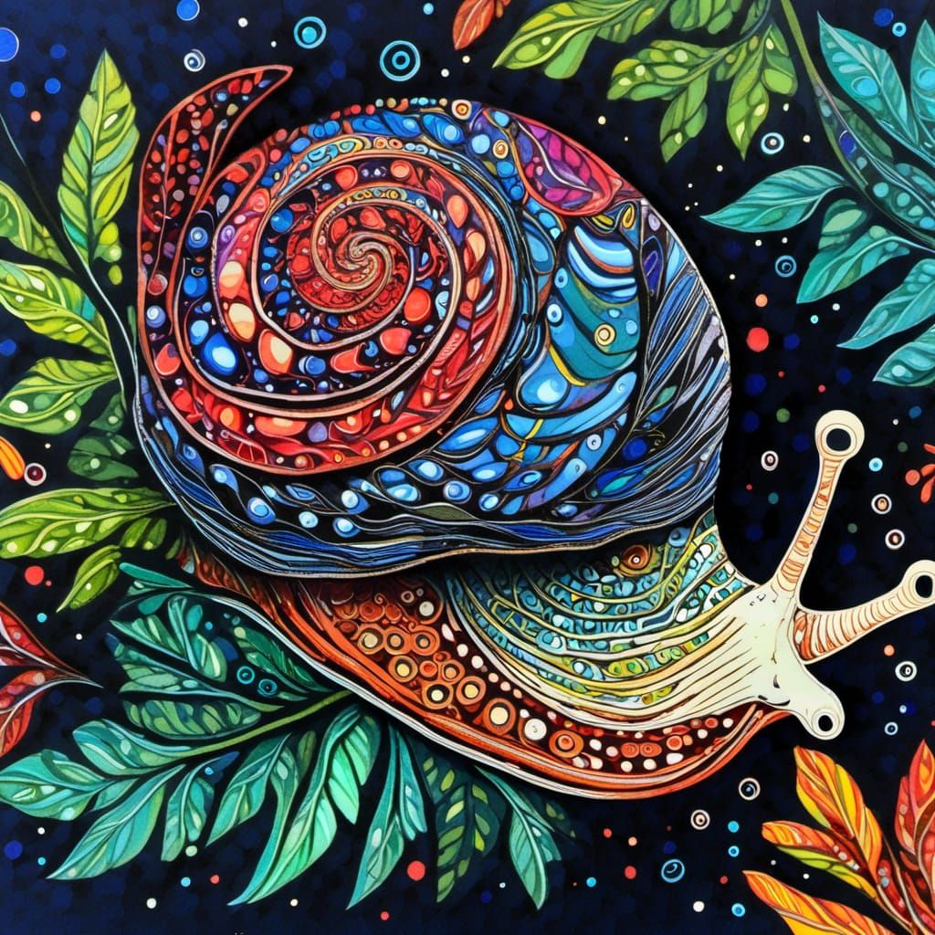 Ornate Snail Crawling on Leaf in Linocut Style