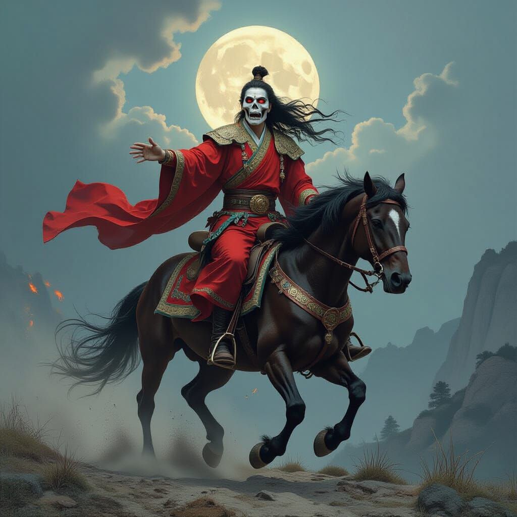 Ethereal Tibetan Skeleton Rider in a Dark Fantasy Storm