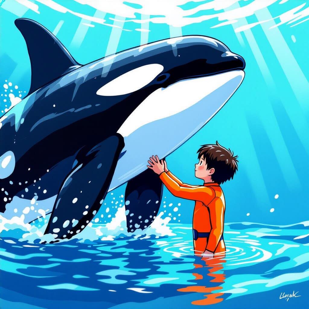 Boy and Killer Whale Friendship, Vibrant Digital Art