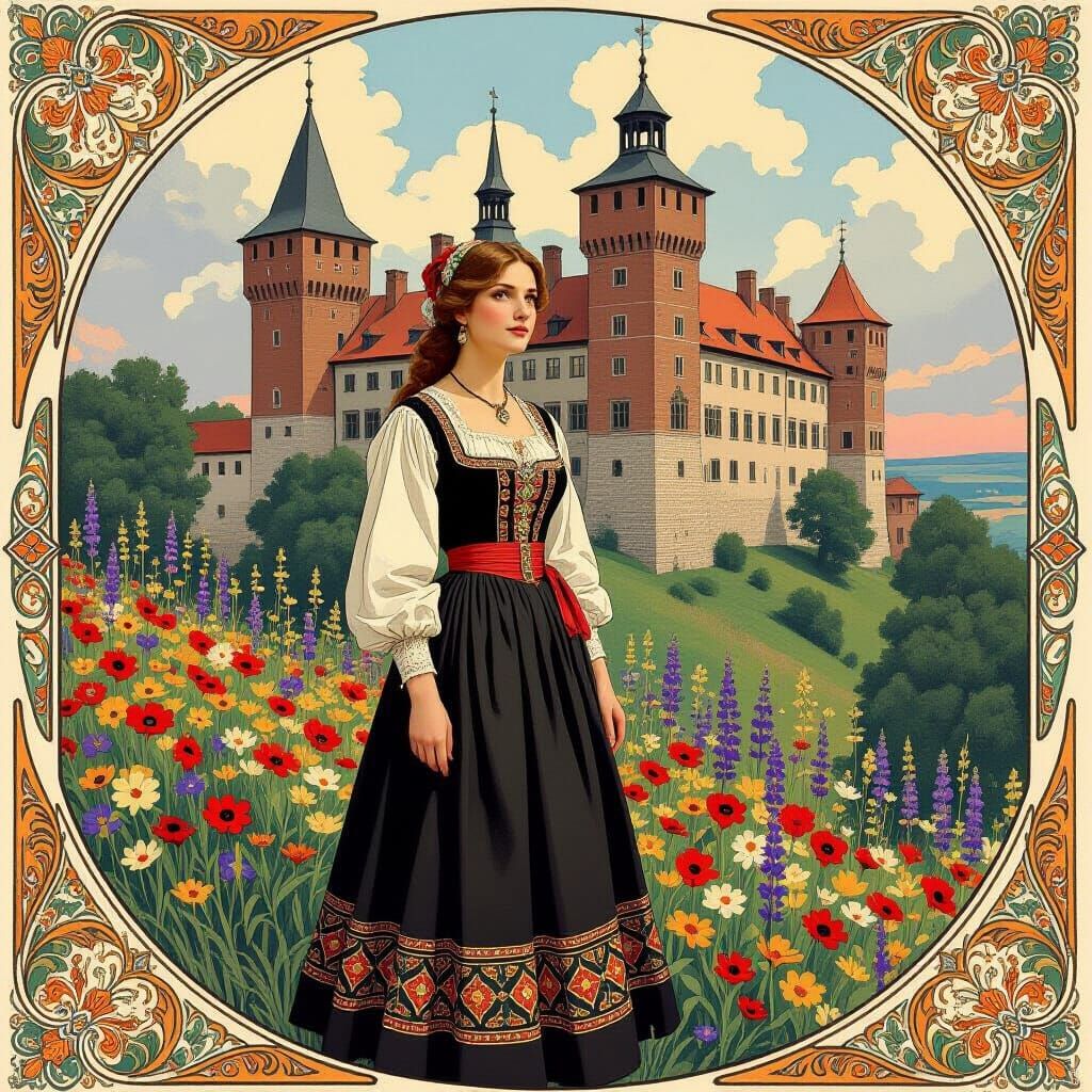 Polish Woman at Castle in Art Nouveau Style