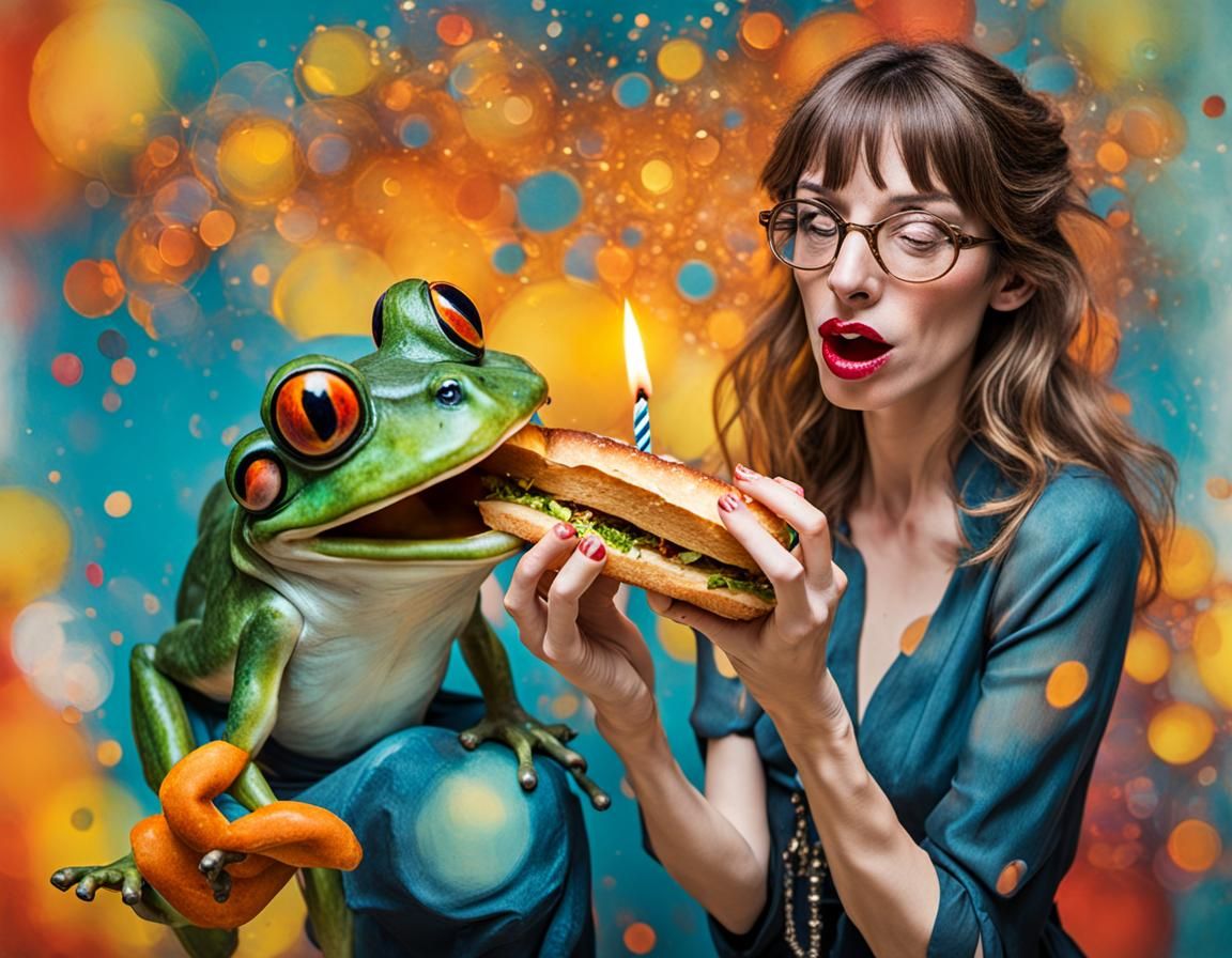 Sophisticated French Girl Feeding a Birthday Baguette to Her...