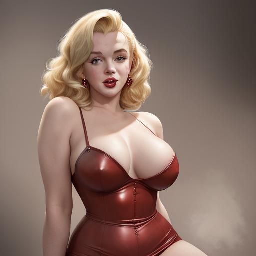Marilyn Monroe in Red Leather Gown, Hyperrealistic Portrait