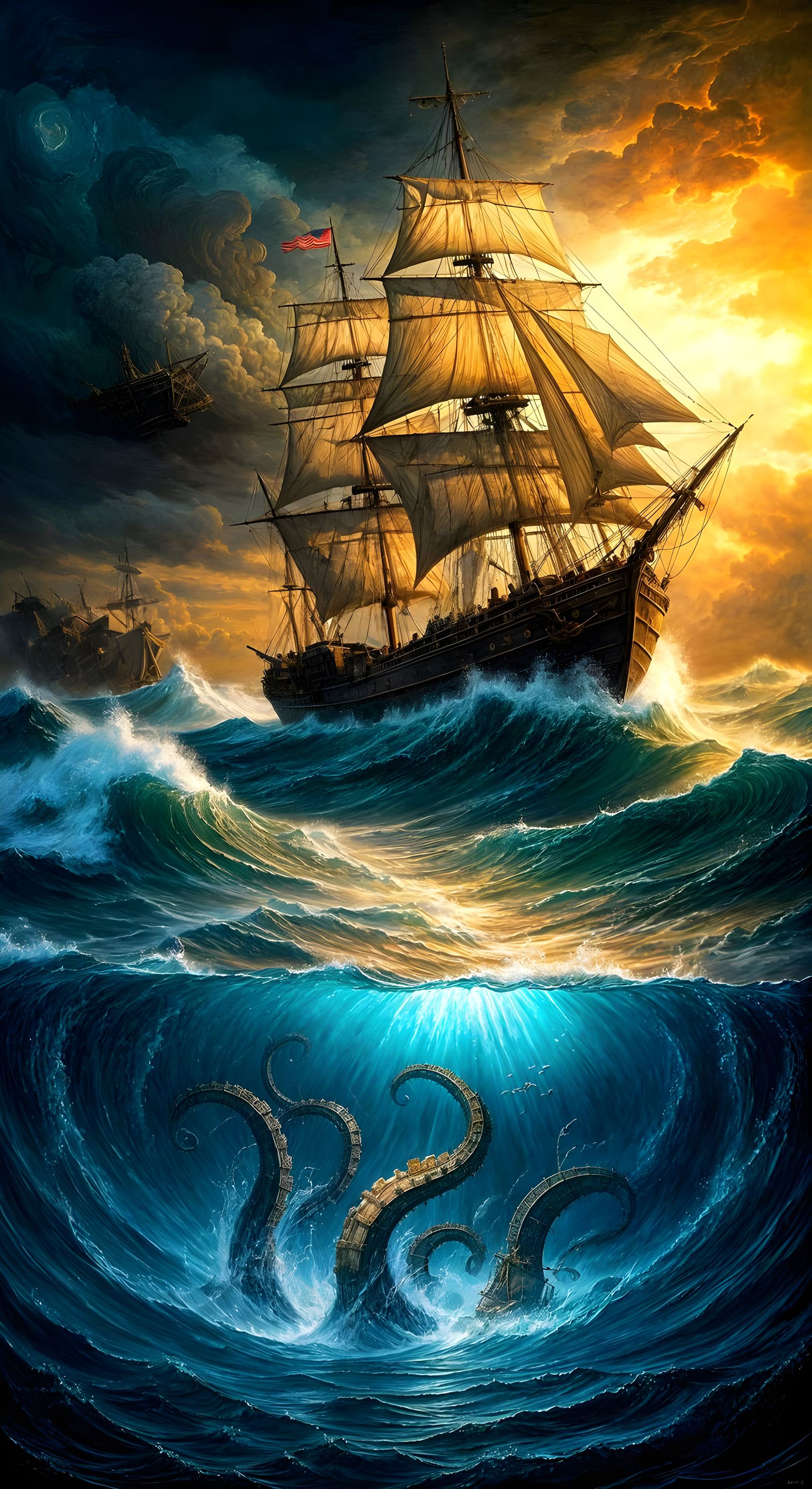 Ancient Ship Faces Kraken in Stormy Seas