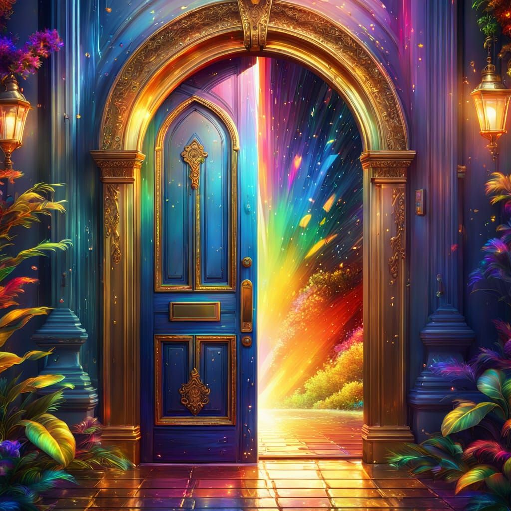 Rainbow Door in Sparkling Oil Painting Style