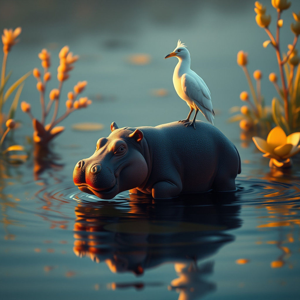 Hippo and Bird at Dawn: Whimsical Digital Art