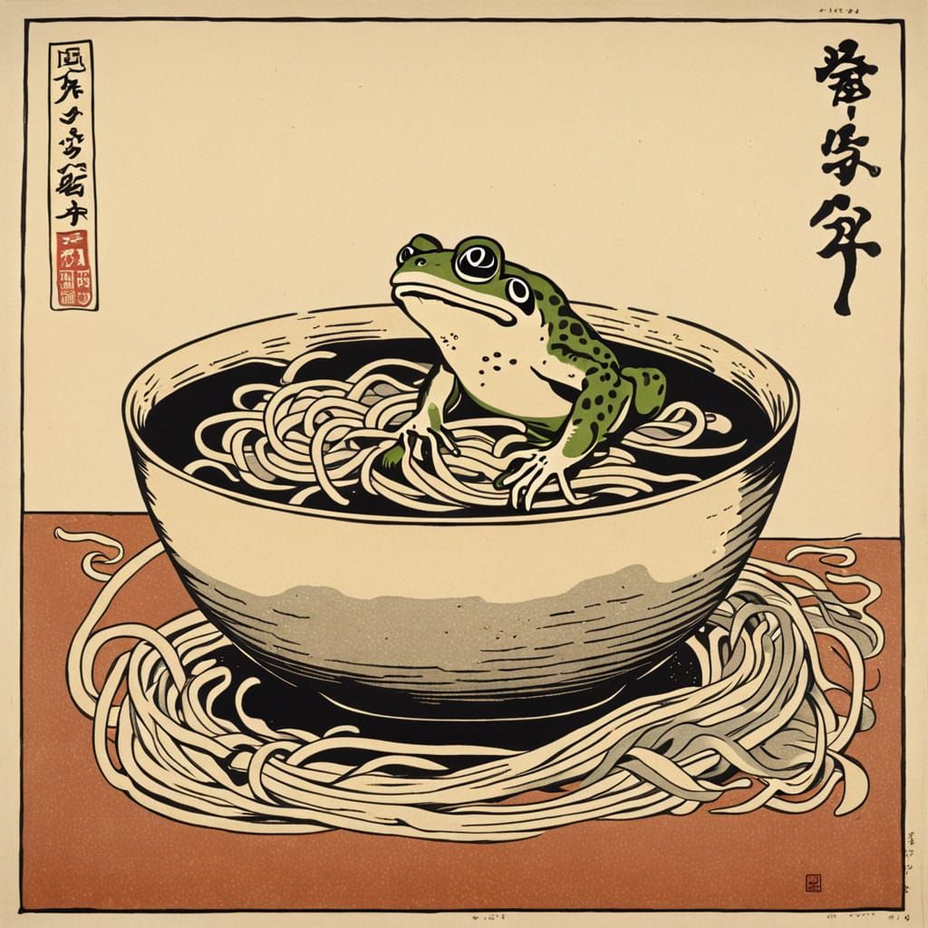 Terrified Frog and Noodle Monster, Ukiyo-e Print