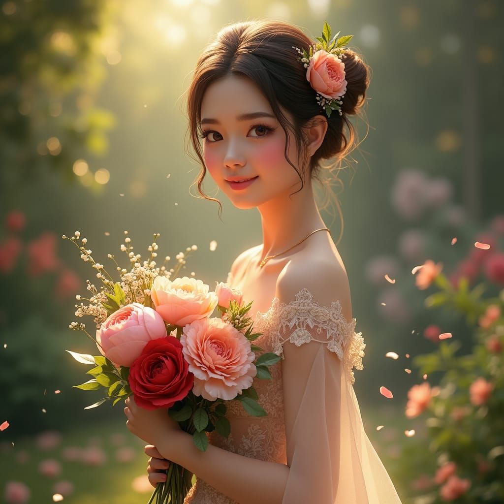 Elegant Lady with Flowers: Detailed Matte Painting